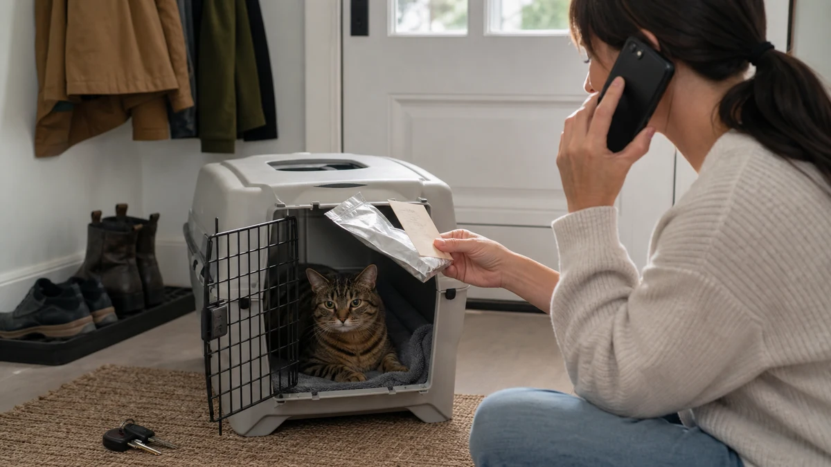 Caregiver calling a veterinarian beside a tabby in a carrier while keeping the suspected food wrapper for identification