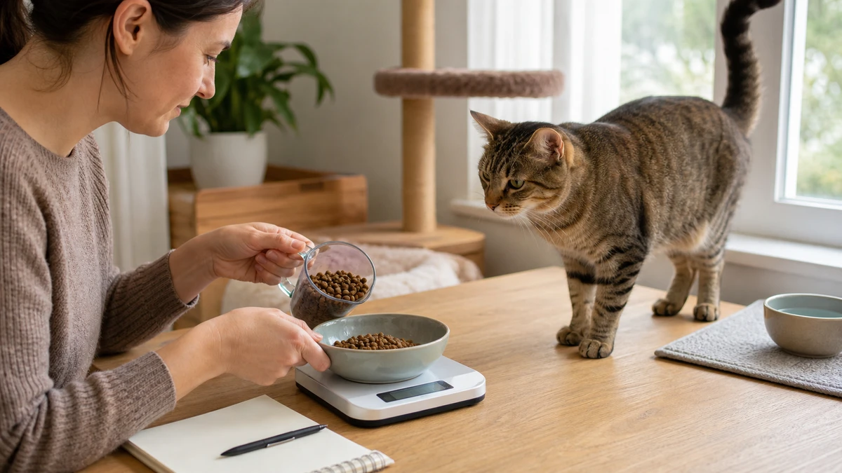 Caregiver weighing a measured cat-food portion while a healthy brown tabby stands beside a blank monitoring notebook