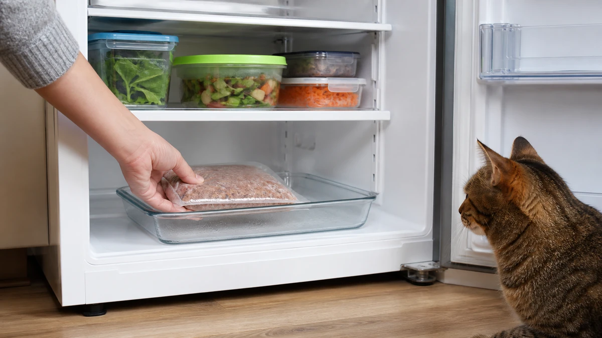 A sealed frozen pet-food portion thawing in a leak-catching tray on the lowest refrigerator shelf