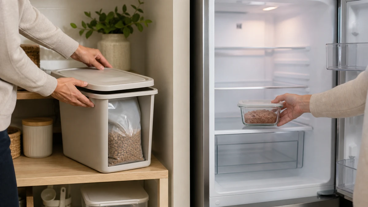 Original dry-food bag protected inside a lidded bin while covered wet-food leftovers are placed in a refrigerator