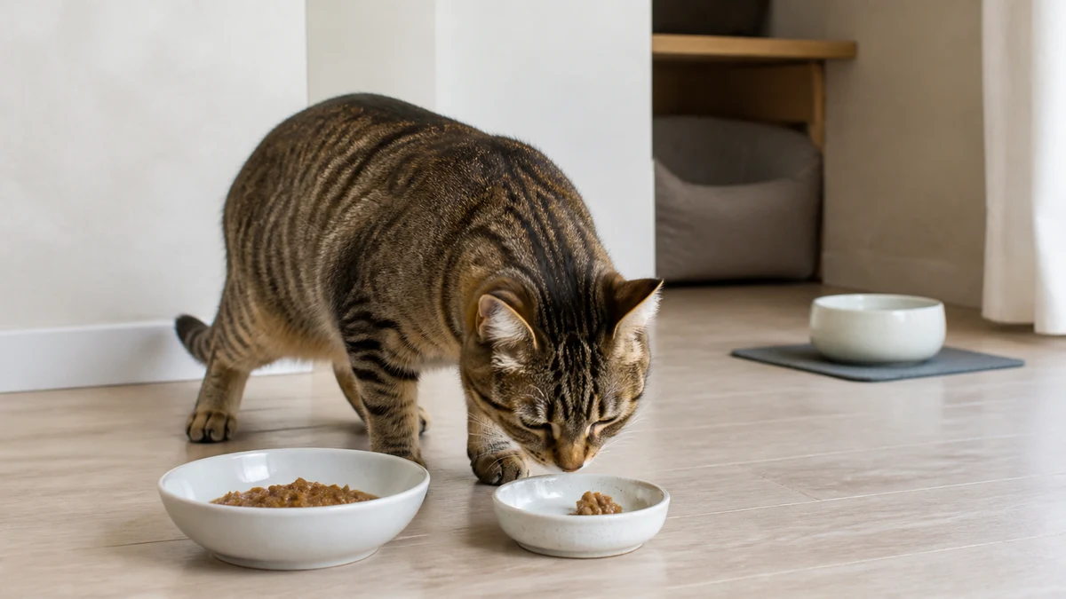 Two separate ceramic bowls holding familiar and new cat food in small measured portions while a brown tabby investigates freely