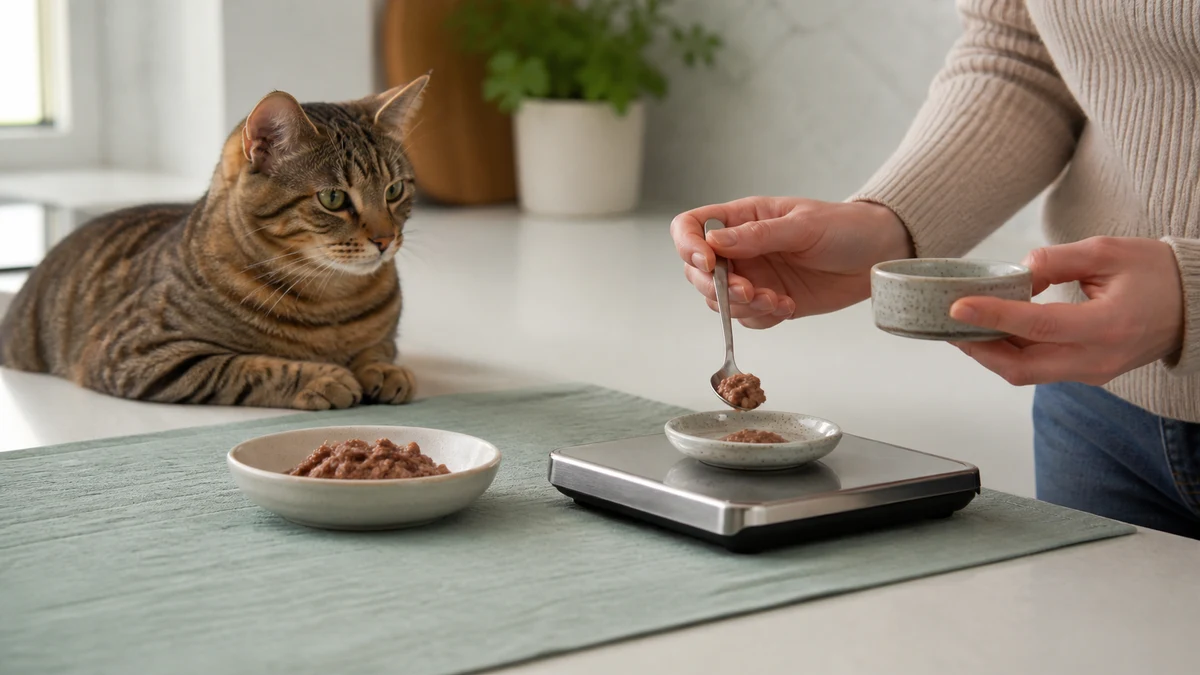 Caregiver weighing a very small first portion of new cat food on a digital kitchen scale beside the cat's familiar meal