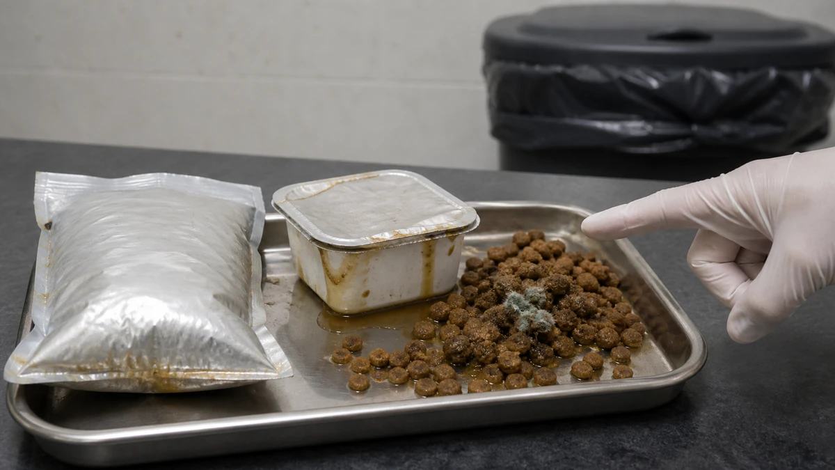 A puffed pouch, leaking container, and damp moldy kibble isolated on a tray for disposal without tasting or salvaging