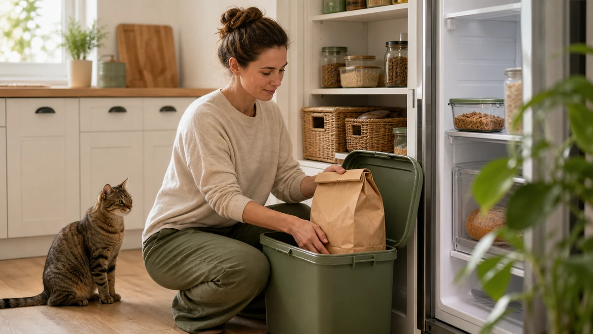 Caregiver placing an unbranded original dry cat-food bag inside a lidded bin beside a refrigerator holding covered wet-food leftovers