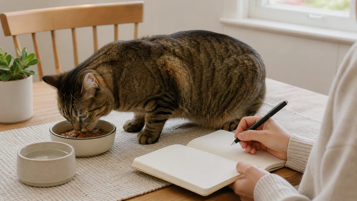 Brown tabby eating a measured familiar meal at a quiet feeding station while a caregiver notes the amount and time