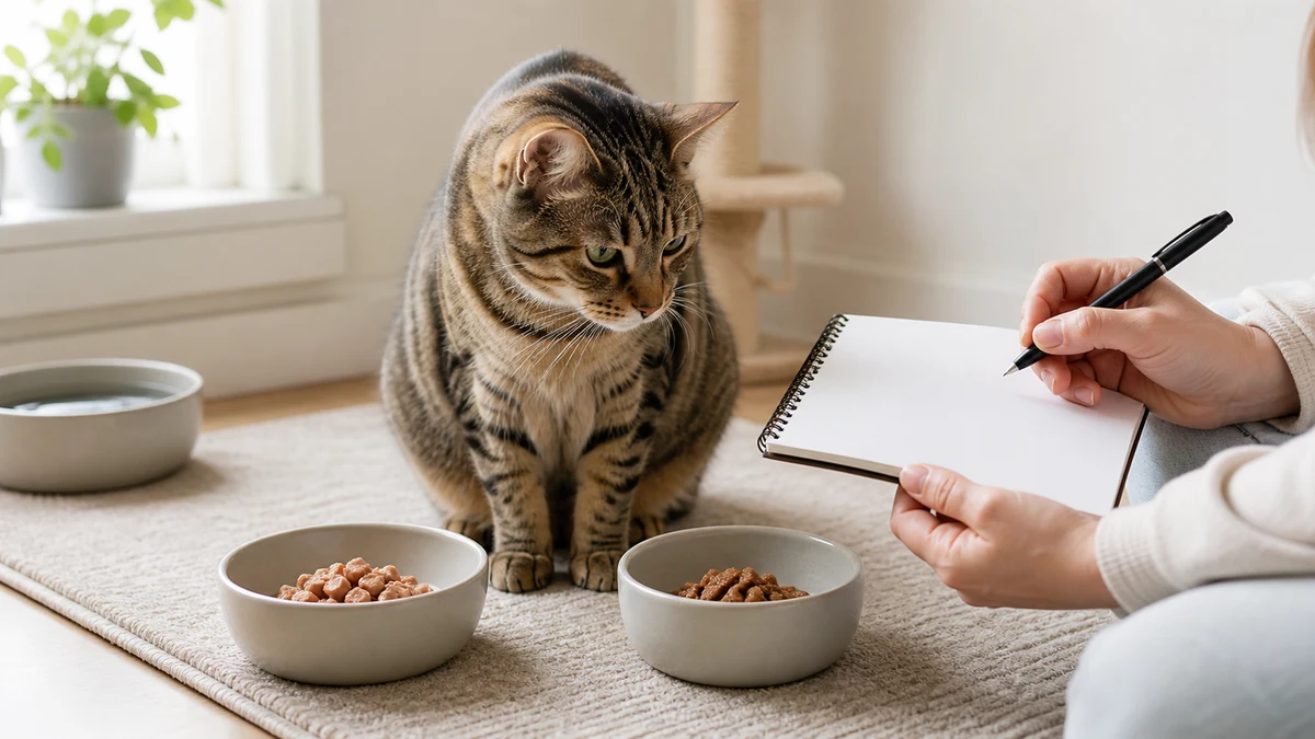 Healthy brown tabby calmly choosing between two separate plain food bowls while a caregiver records the meal in a notebook