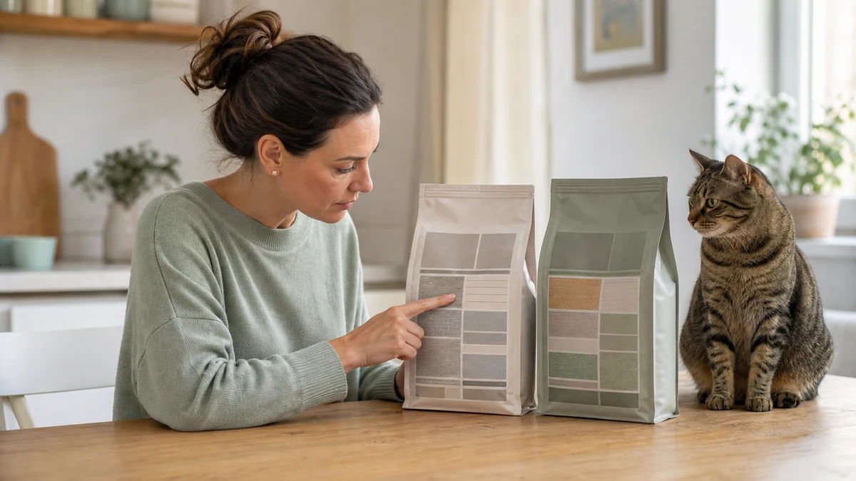 Caregiver reading the nutritional adequacy and calorie panels on two plain cat-food packages beside a relaxed brown tabby