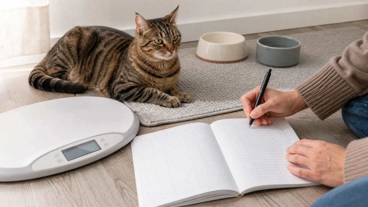 Caregiver completing a meal log beside a digital pet scale while a relaxed brown tabby rests nearby