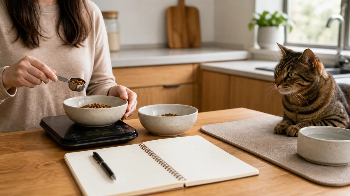 Measured old and new cat-food portions returned to the last tolerated ratio while a caregiver reviews the meal log