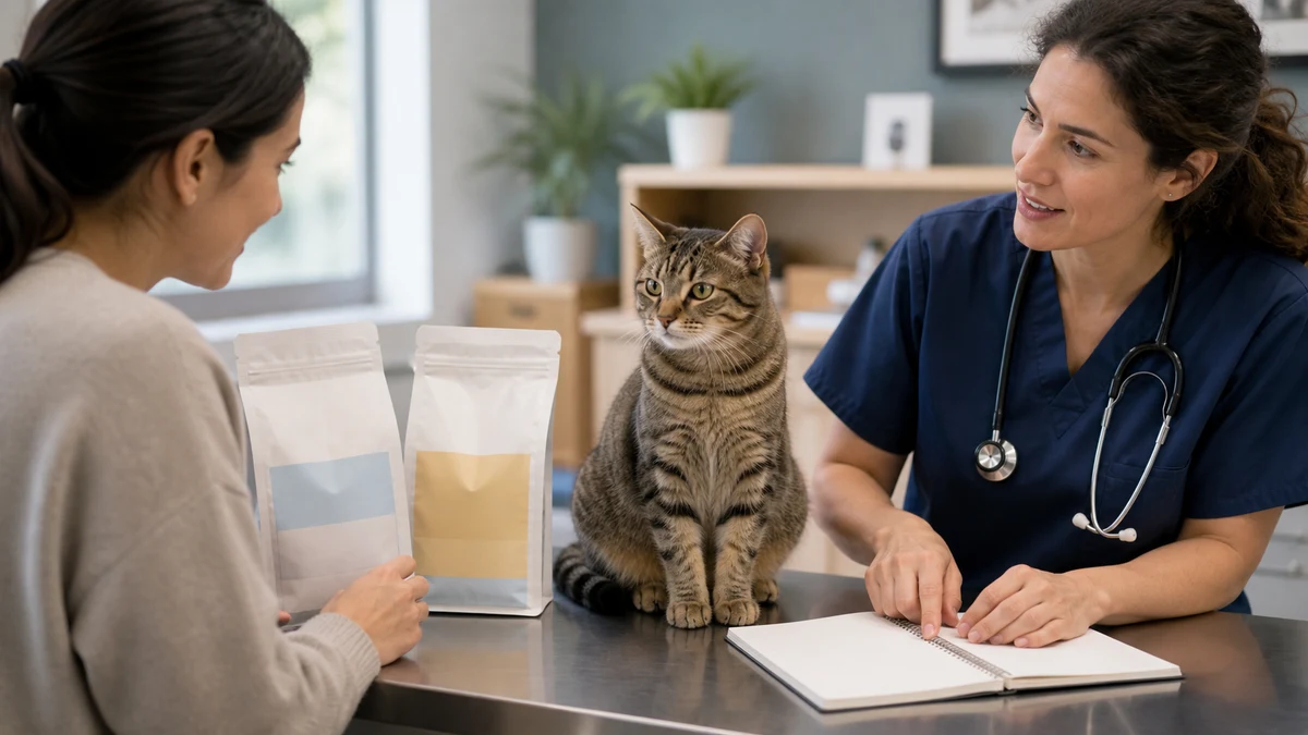 Veterinarian and caregiver reviewing two plain cat-food packages and a feeding record with a calm brown tabby during a consultation