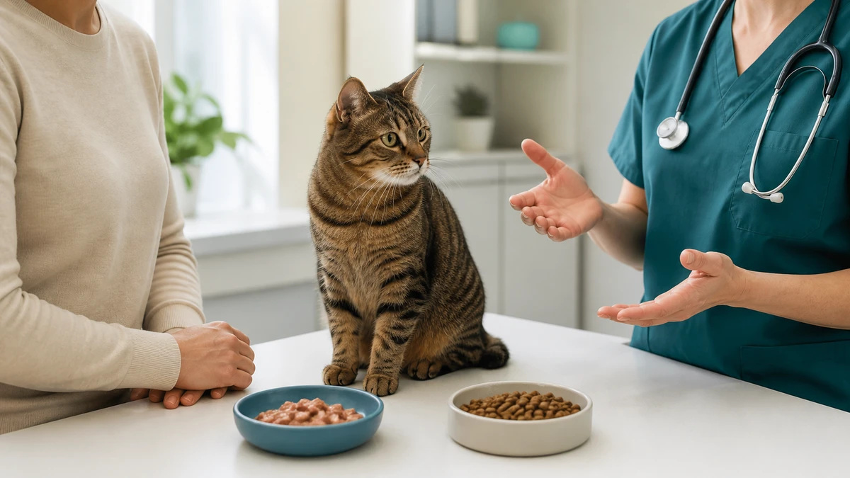 Veterinarian and caregiver discussing wet and dry food formats with a calm brown tabby during a consultation