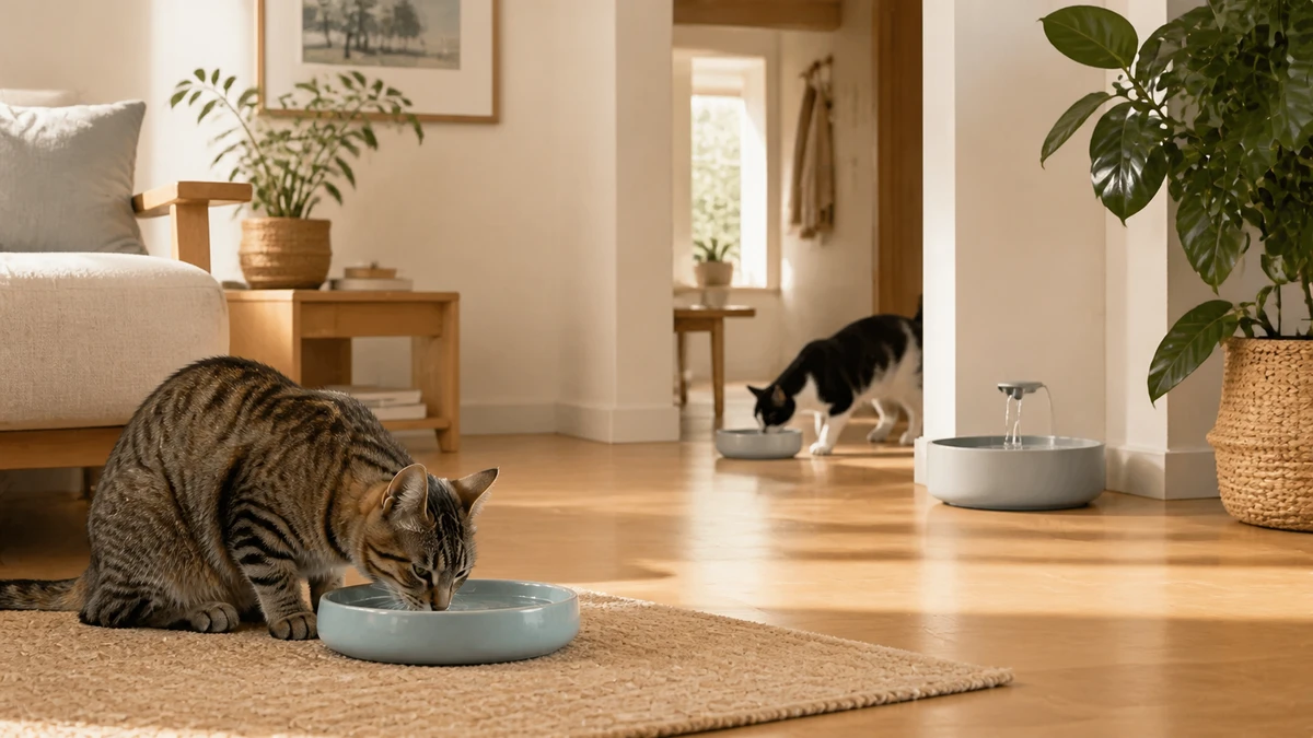Two relaxed cats using widely separated water bowls while a third water fountain stands in another quiet location