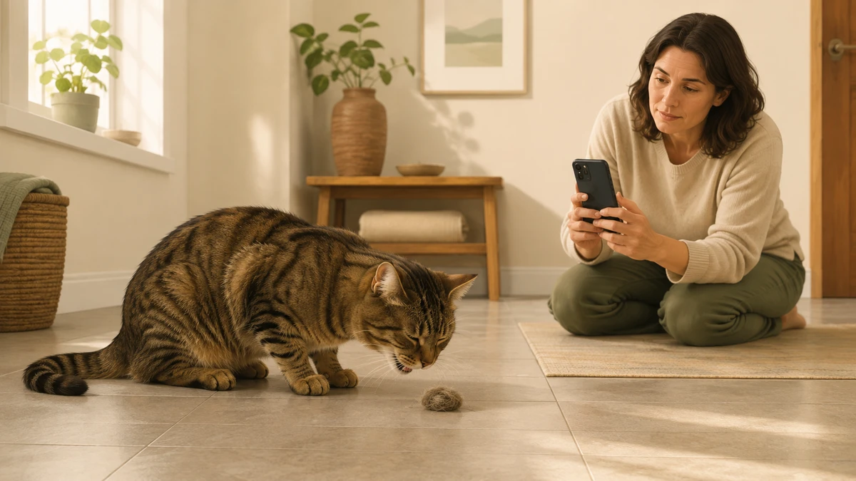 Brown tabby cat crouching near a small tuft of fur while a caregiver calmly records the episode for a veterinarian
