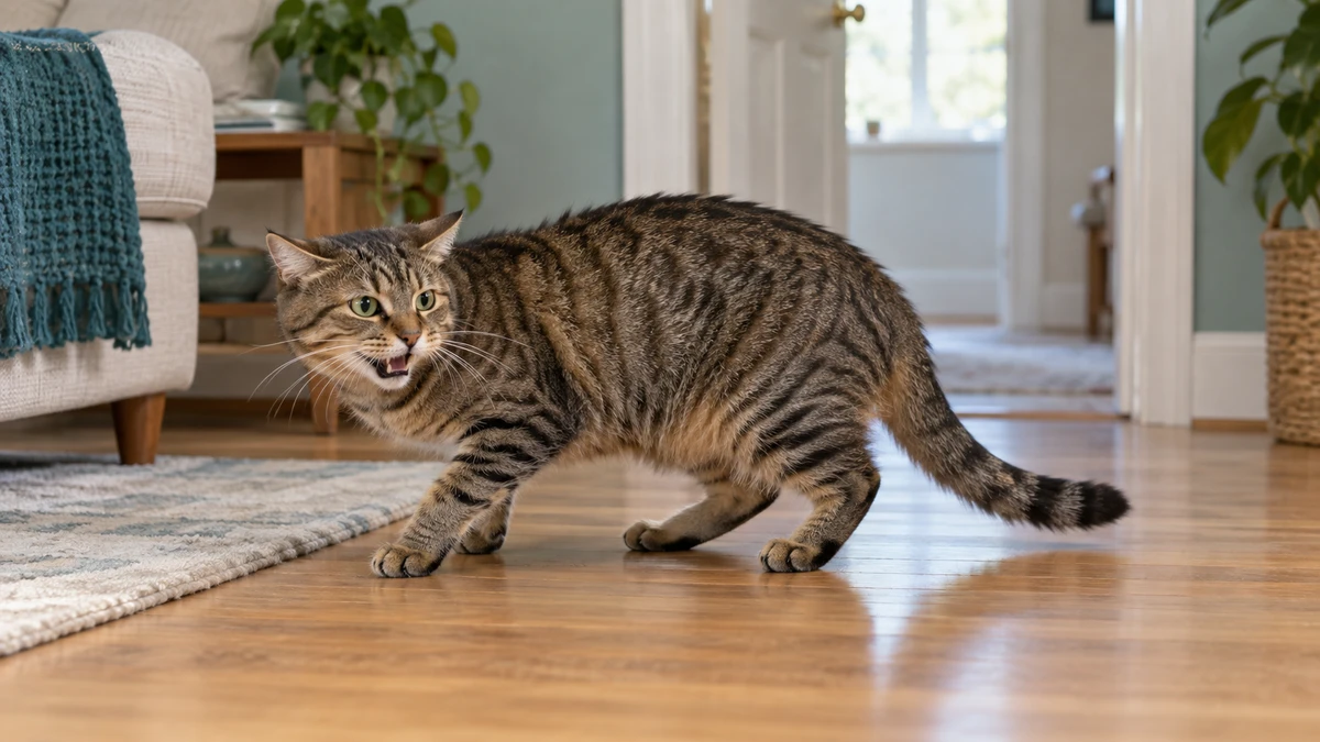 Brown tabby shows a low tense posture, rotated ears, visible whiskers, and a low tail while keeping an open route behind
