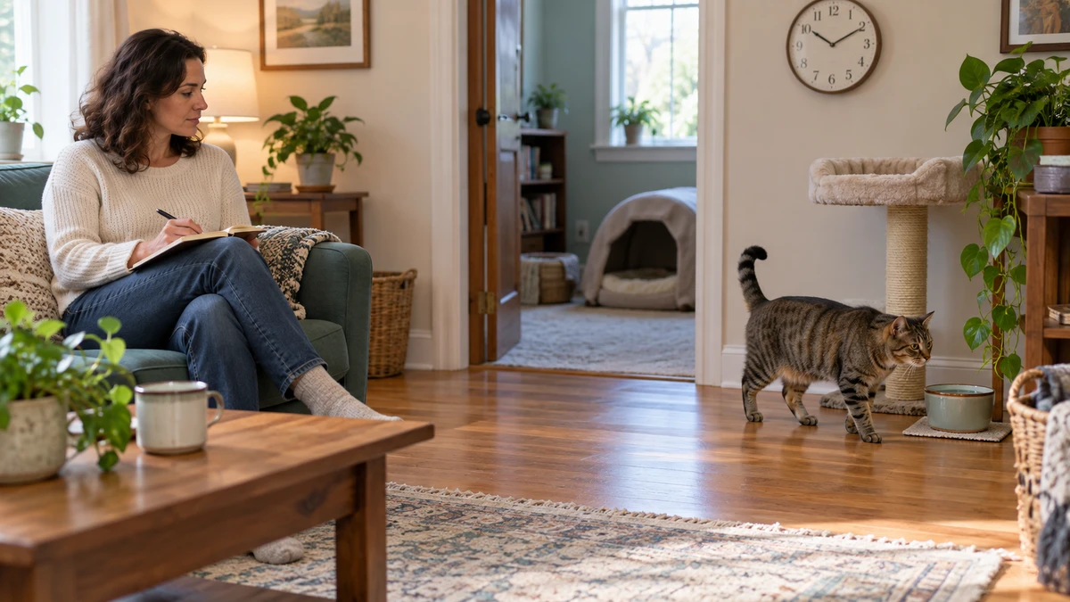 Caregiver writes an event log from across the room while a brown tabby moves freely beside water and an open quiet room