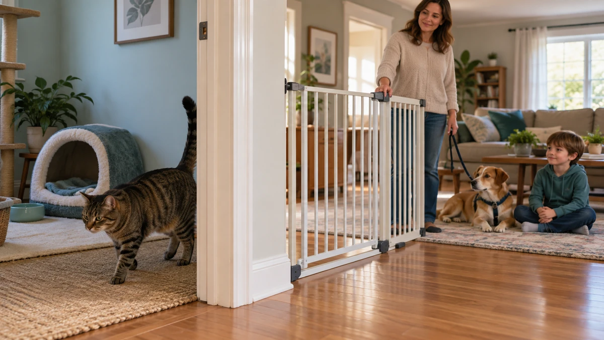 Brown tabby retreats into a resource-equipped quiet room while an adult keeps a child and calm dog behind a secure barrier