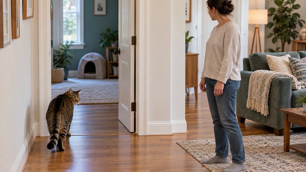 Caregiver stands sideways with hands lowered while a brown tabby walks toward an open quiet room and covered retreat