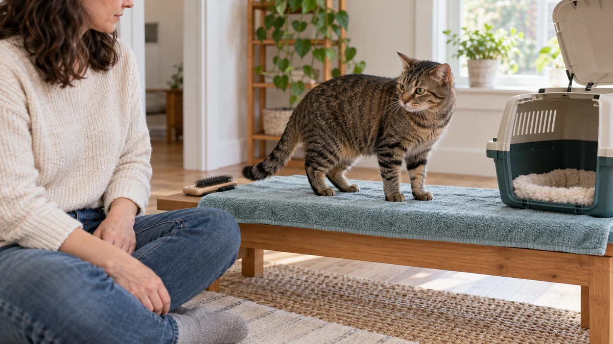 Caregiver has set down a grooming brush and withdrawn both hands while a cautious brown tabby can choose an open carrier or walk away