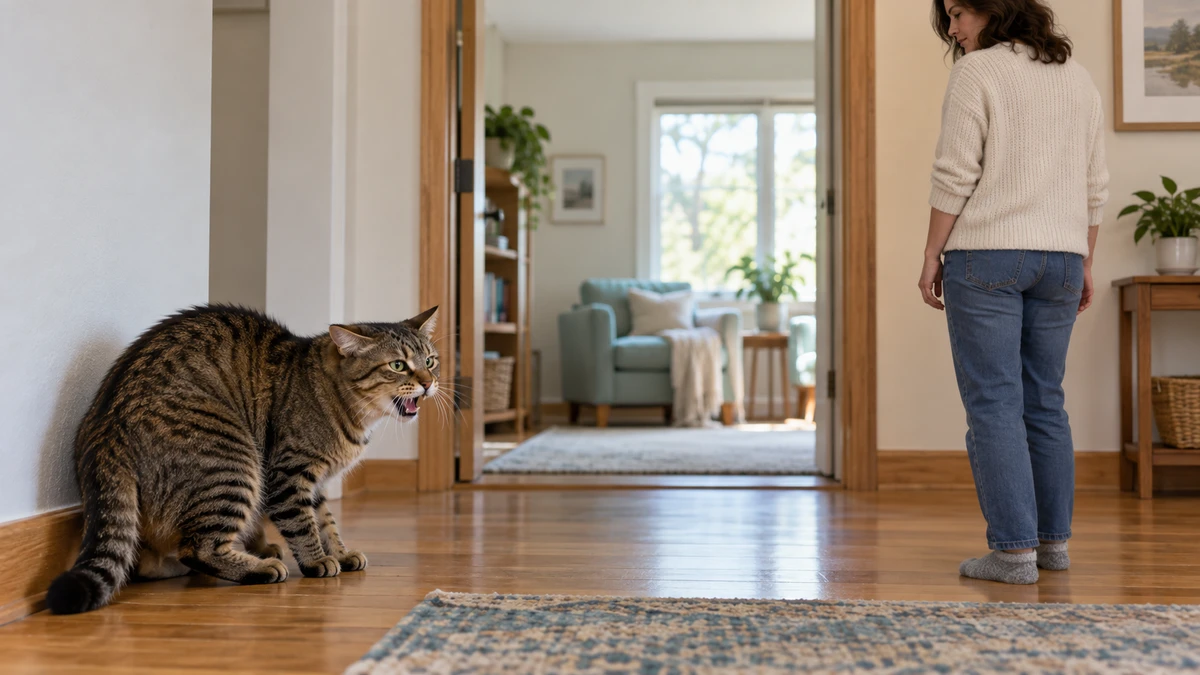 Brown tabby gives a defensive hiss while a caregiver stops at a respectful distance and leaves an open retreat route