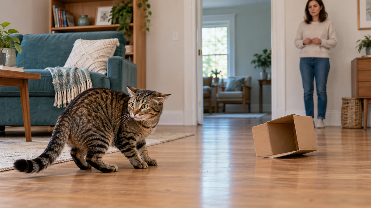 Startled brown tabby angles toward an open doorway while a caregiver freezes far away from a harmless fallen cardboard box