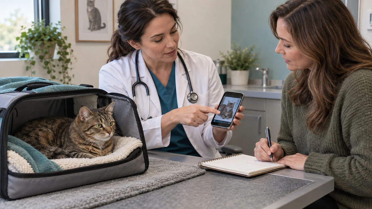 Veterinarian and caregiver review an observation notebook and phone video while a brown tabby rests unhandled in a familiar open carrier