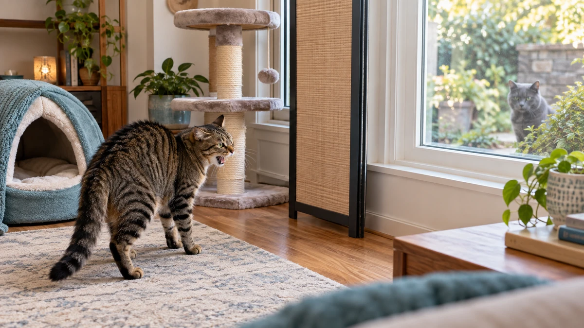 Brown tabby hisses at an unfamiliar outdoor cat through a securely closed window while a covered hide and visual screen remain available