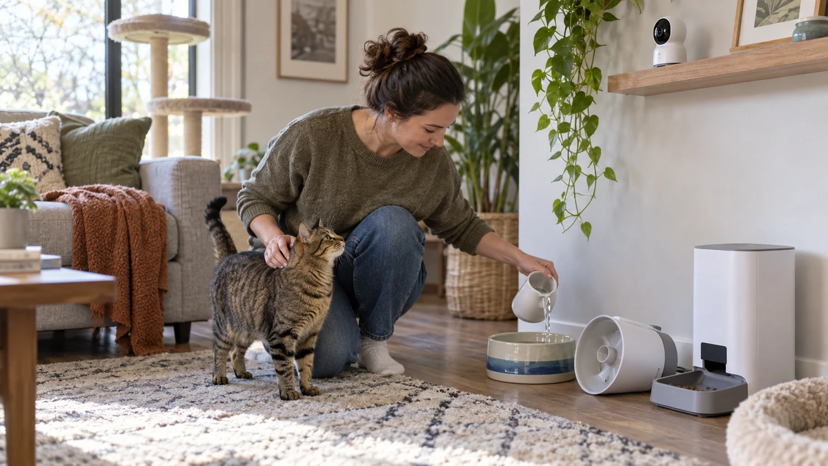 Trusted cat sitter refilling a backup water bowl and checking a feeder after entering a home where a camera alone could not fix the device problem