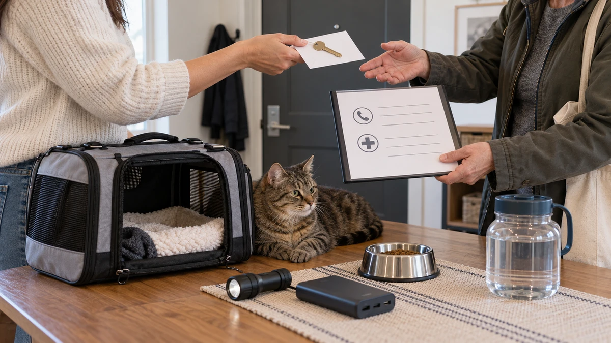 Brown tabby resting beside an open carrier while a caregiver hands a trusted neighbor a spare key and emergency care folder with flashlight, water, and power backup ready