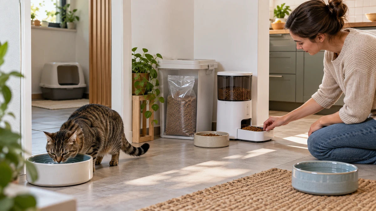 Brown tabby drinking from one of two water bowls while a caregiver tests an automatic feeder and keeps a manual meal backup available
