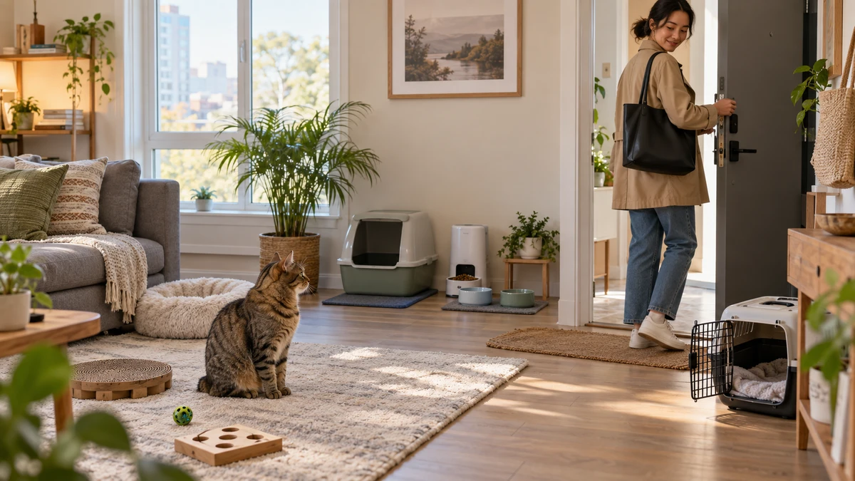 Brown tabby resting in a prepared living room with food, water, litter, enrichment, and an open carrier while a caregiver checks the door before leaving