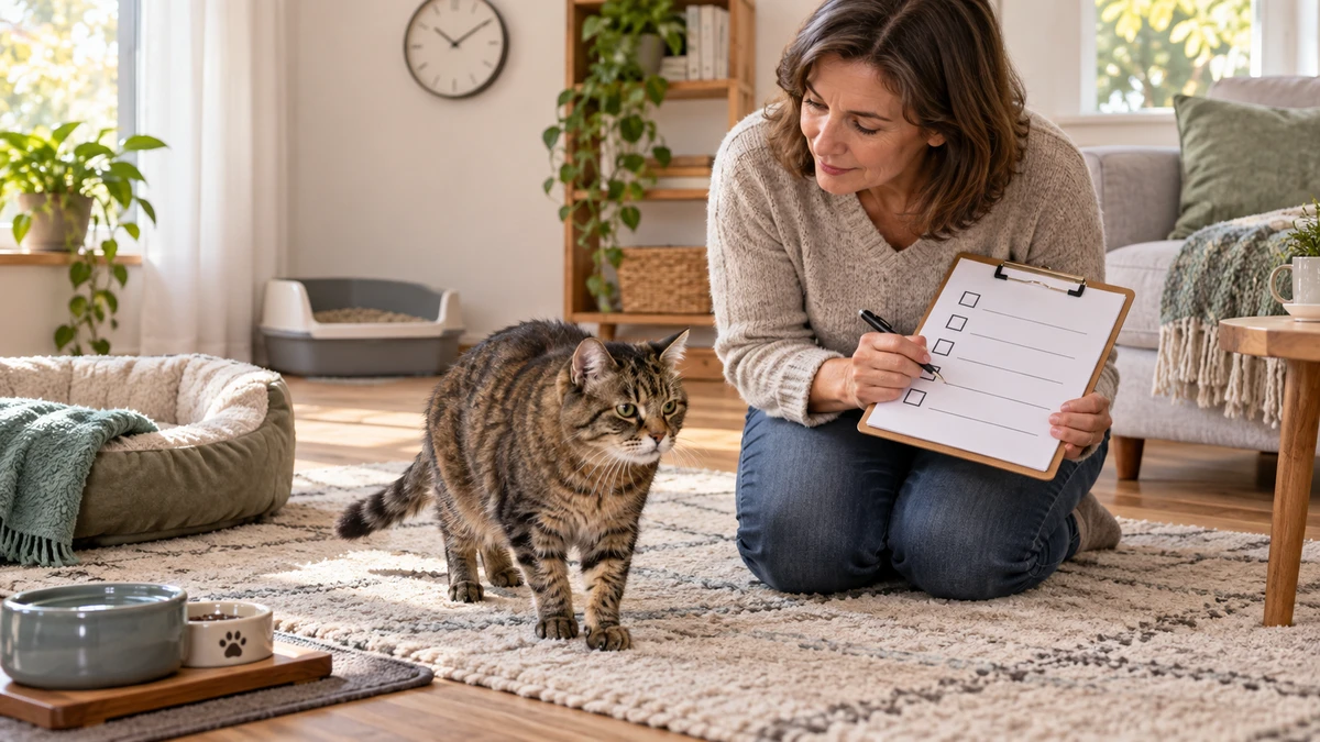 Senior brown tabby walking on a nonslip rug while a caregiver reviews an individualized home-care checklist beside accessible resources