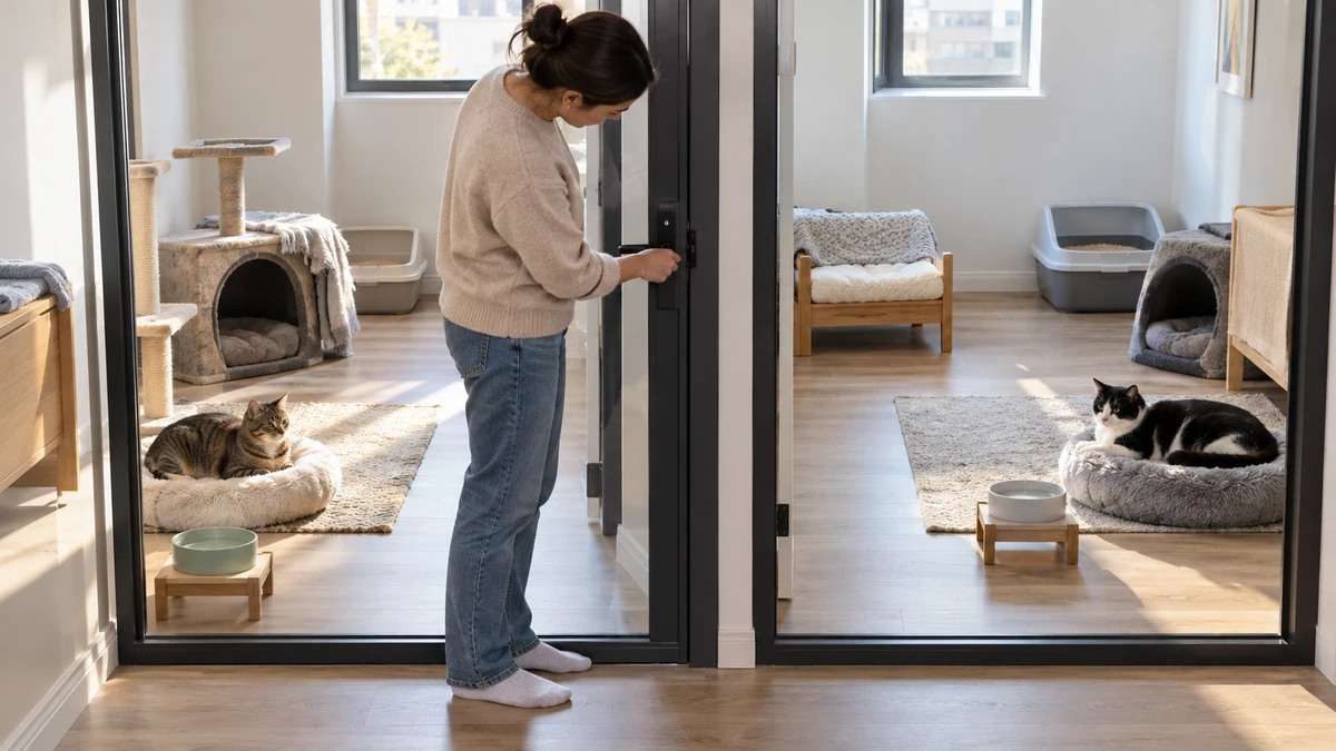 Brown tabby and black-and-white cat resting in adjacent secure rooms with separate water, litter, beds, and hiding places while a caregiver checks the divider latch