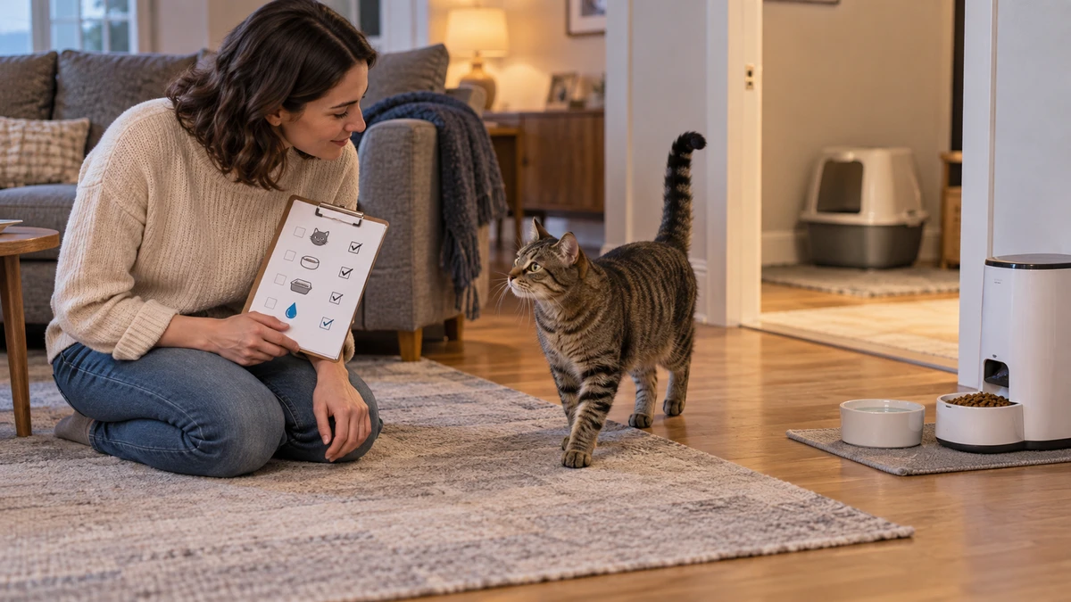 Brown tabby walking toward a returned caregiver who compares the cat's posture, movement, food, water, litter, and icon-based visit record