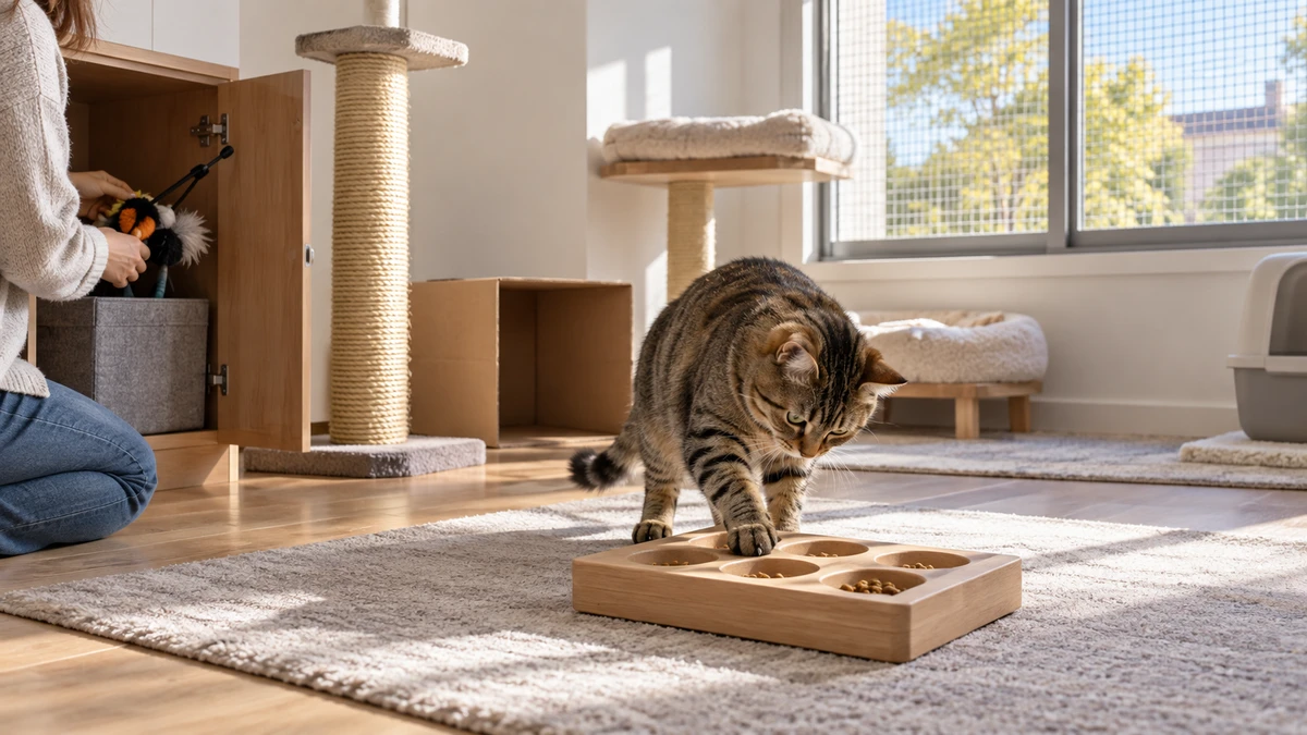 Brown tabby using a sturdy food puzzle beside a scratcher, box, perch, and secure window while a caregiver stores wand toys in a closed cabinet