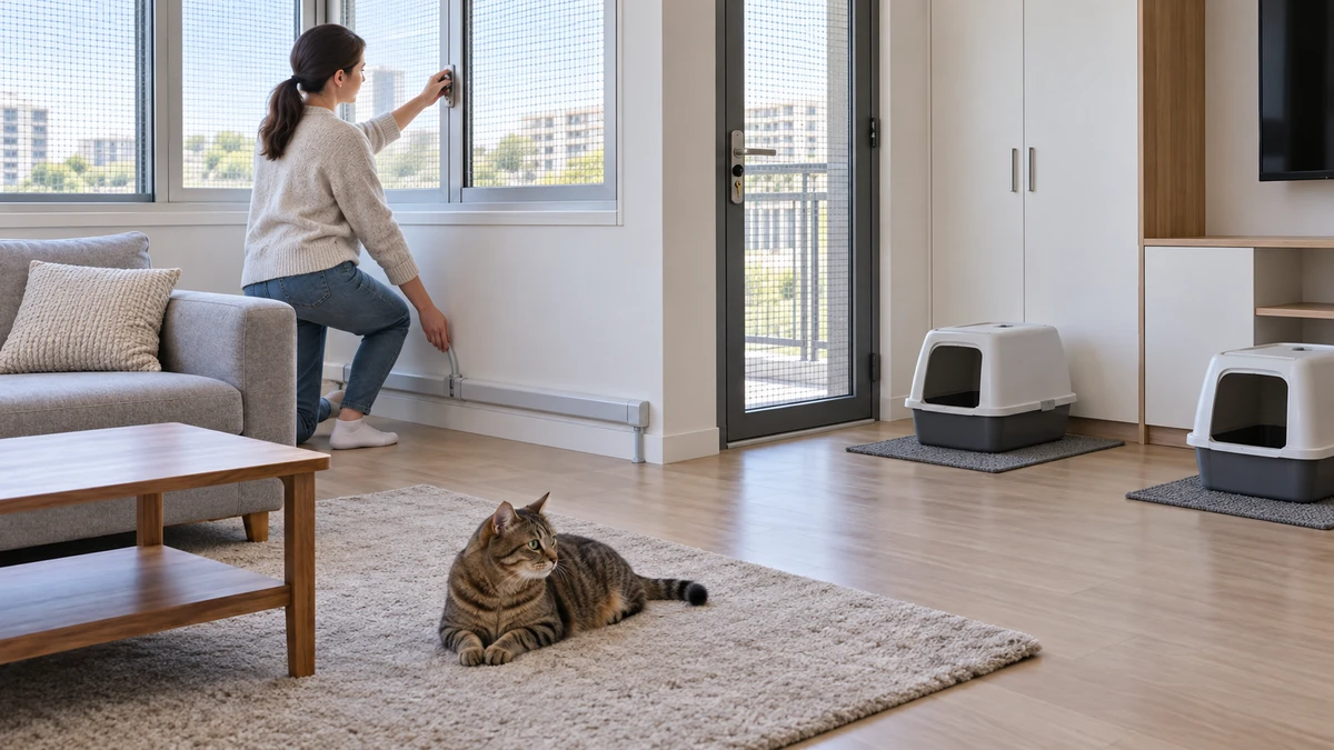 Brown tabby resting in a minimal room while a caregiver checks secure mesh windows, the balcony latch, covered cables, and separated clean litter boxes