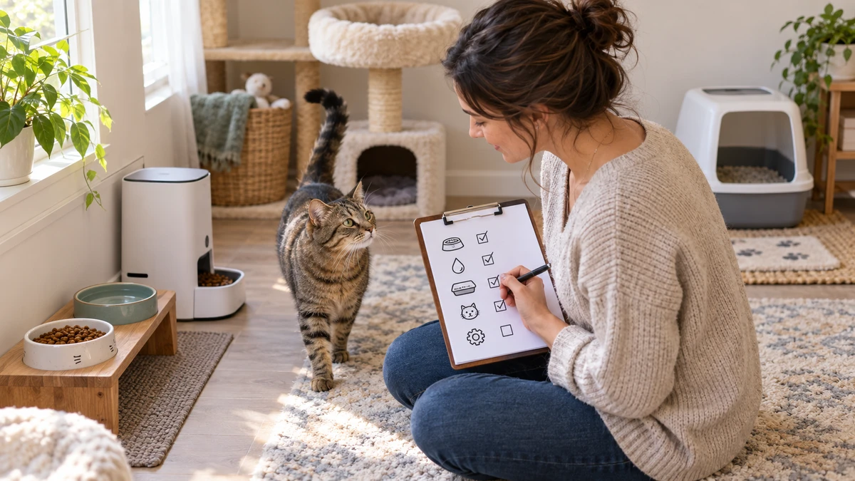 Brown tabby approaching a trusted sitter who checks food, water, litter, behavior, and equipment on a simple visit record