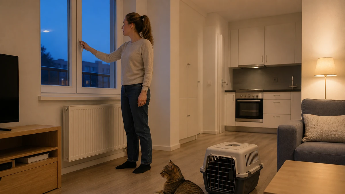 Caregiver completing a calm evening safety scan while a brown tabby rests beside a closed carrier
