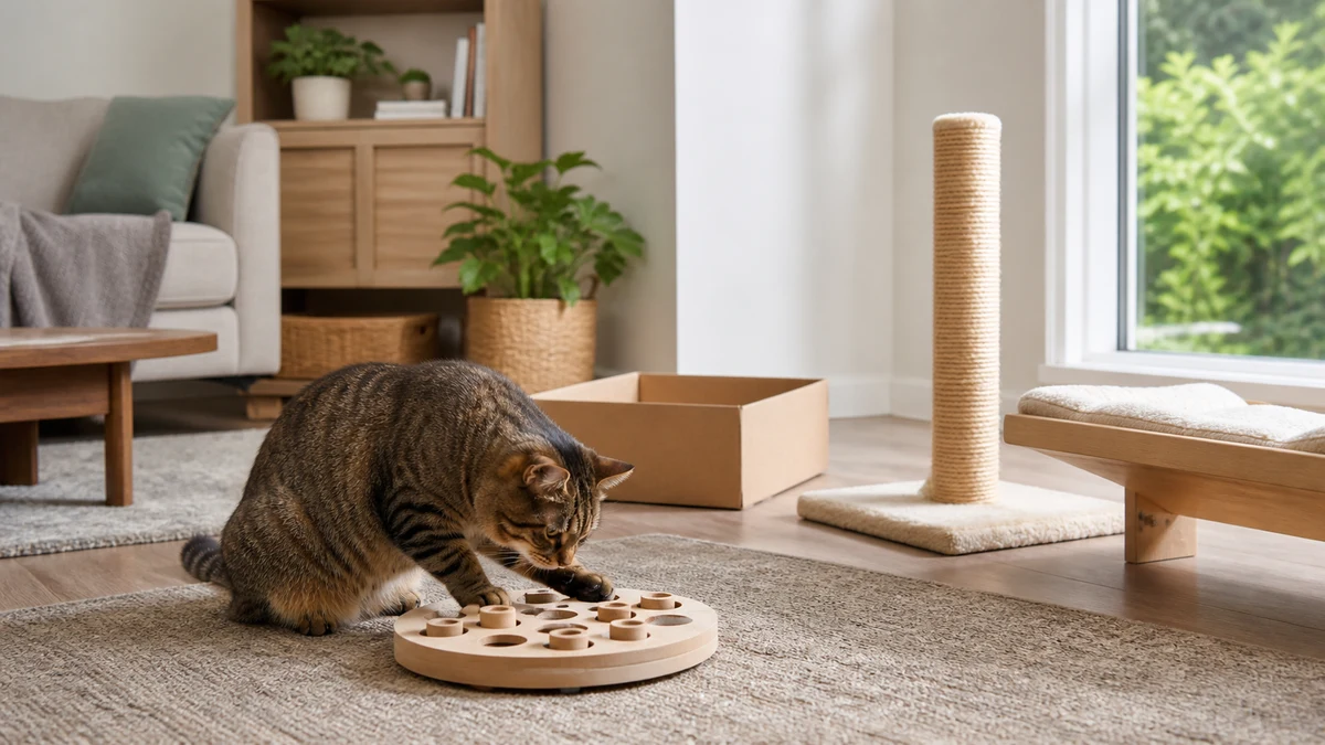 Brown tabby using a sturdy puzzle feeder in a room with a box, scratching post, and secure window perch