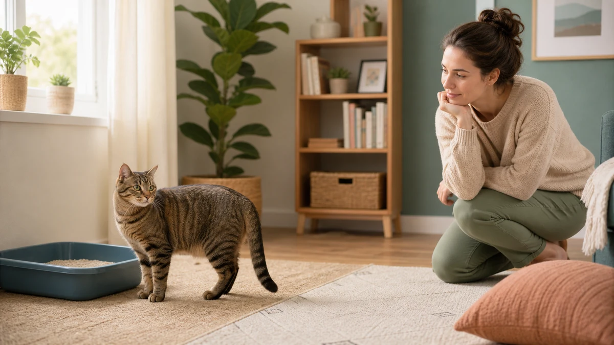 Tabby cat standing beside a litter box while a calm caregiver observes from several feet away
