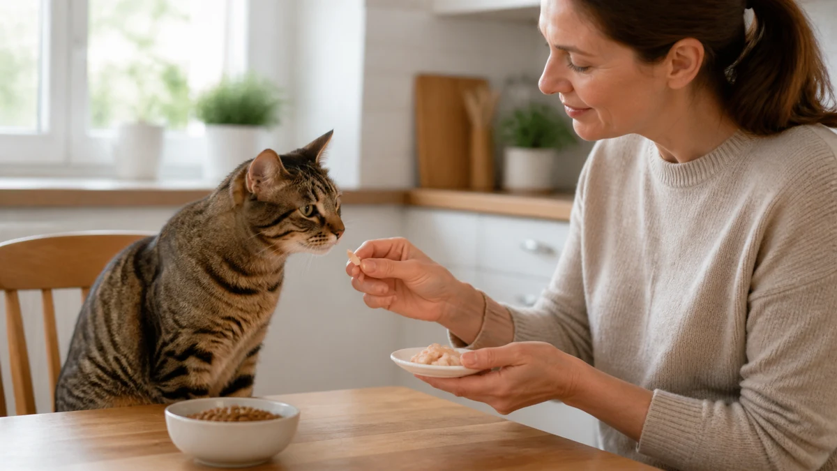 Caregiver offering a brown tabby one tiny piece of plain cooked chicken beside the cat’s regular complete food