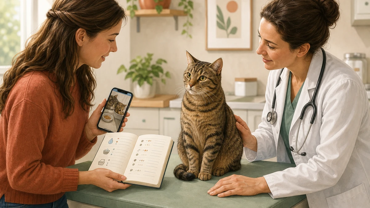 Caregiver sharing a hydration and litter-box log while a veterinarian calmly examines a brown tabby
