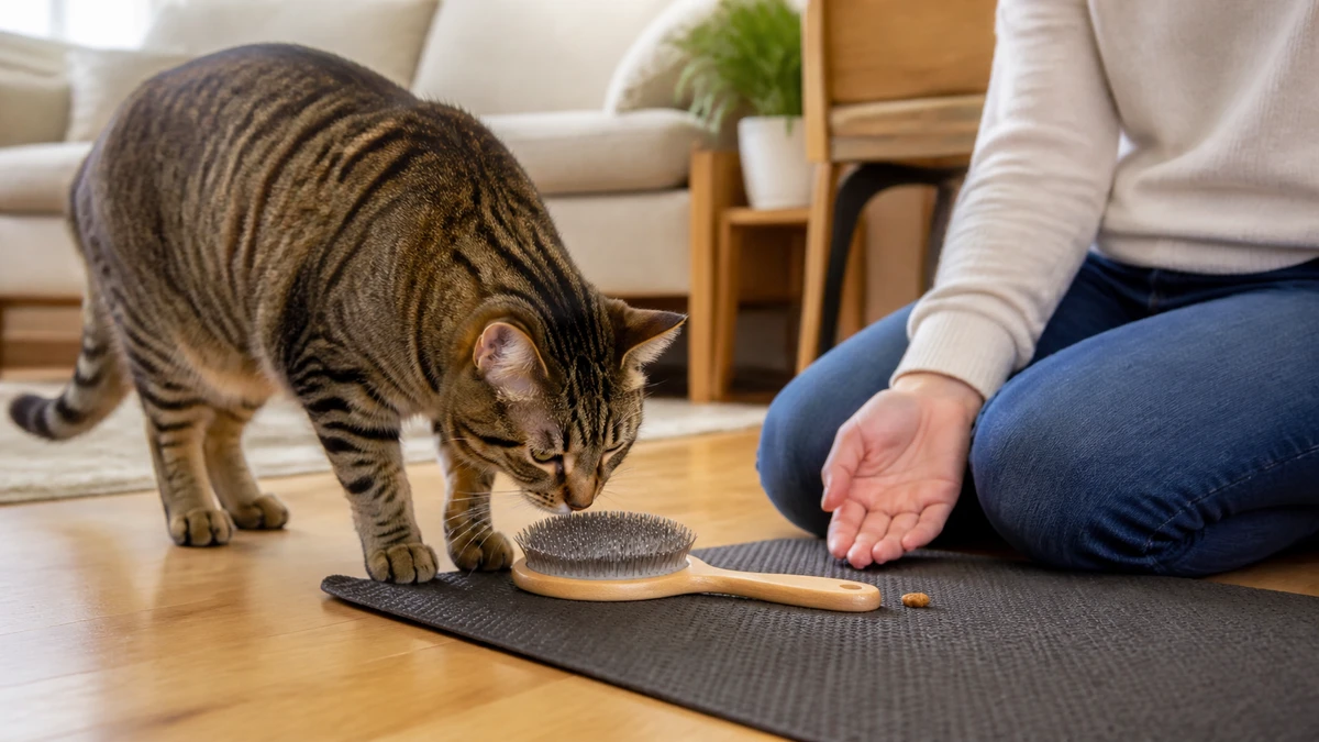 Brown tabby voluntarily sniffing a grooming brush on a nonslip mat while a caregiver waits nearby