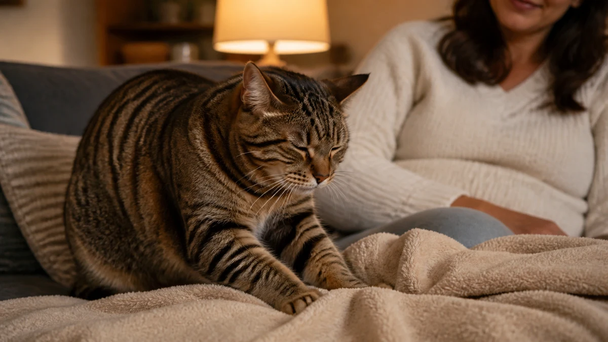 Relaxed brown tabby cat kneading a soft blanket beside a caregiver