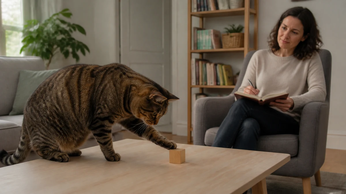 Brown tabby carefully touching a wooden block while a caregiver records the full context from a distance