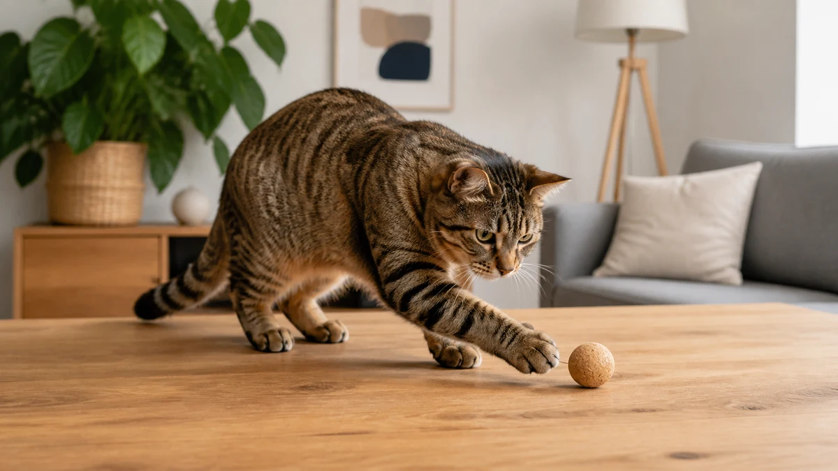 Curious brown tabby gently nudging a cork ball across a broad clear wooden table
