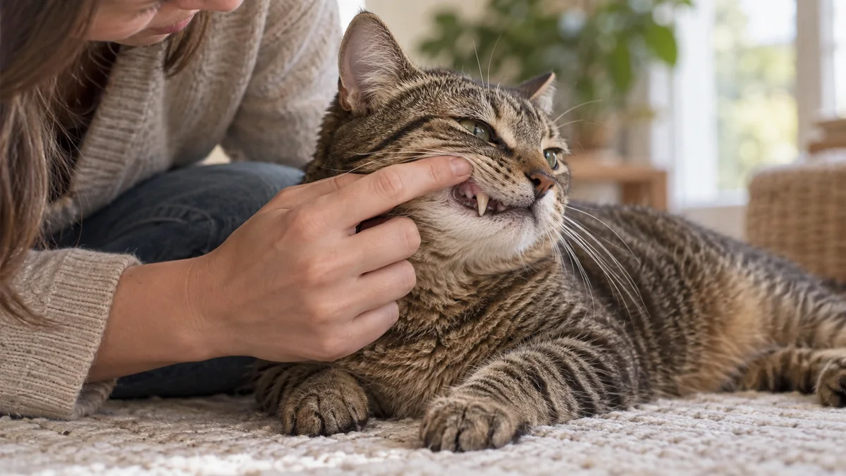 Caregiver uses one finger to lift a relaxed tabby’s lip briefly while the cat’s jaw stays closed and body remains unrestrained