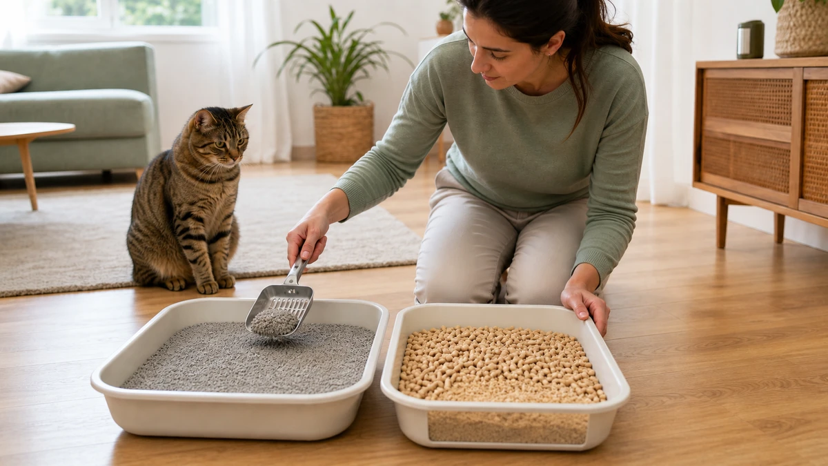 Caregiver scooping a compact clump from mineral litter beside a wood-pellet tray with a siftable sawdust layer