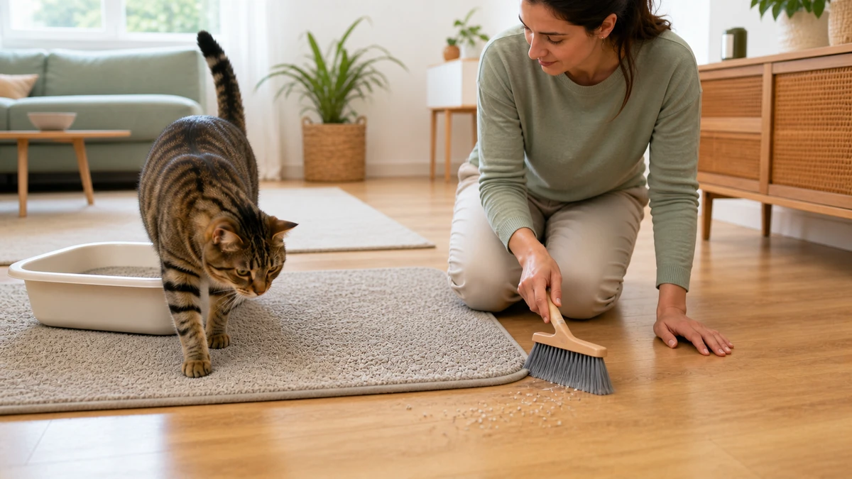 Tabby stepping onto a textured litter mat while a caregiver sweeps a small, realistic scatter of granules