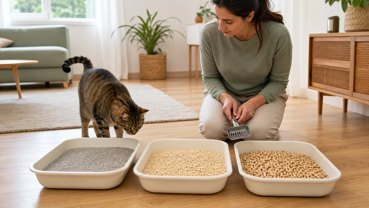 Brown tabby cat inspecting three open trays filled with mineral clay, pale tofu pellets, and natural wood pellets