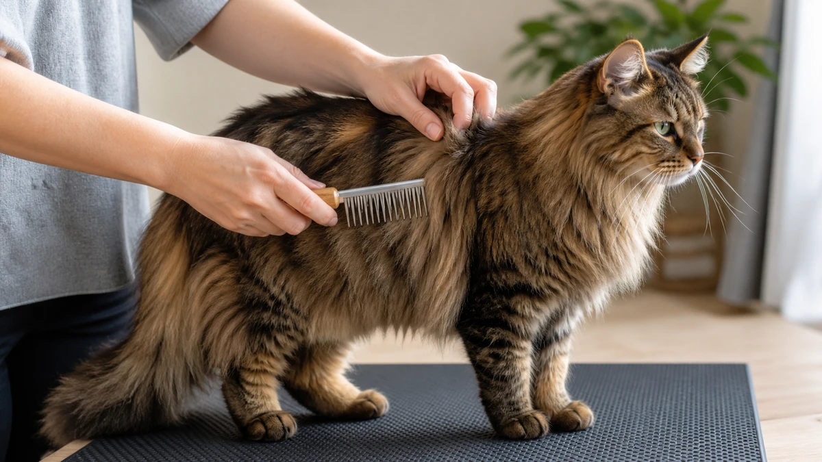 Caregiver supporting dry long fur above a small loose tangle while gently combing only the outer ends before a bath